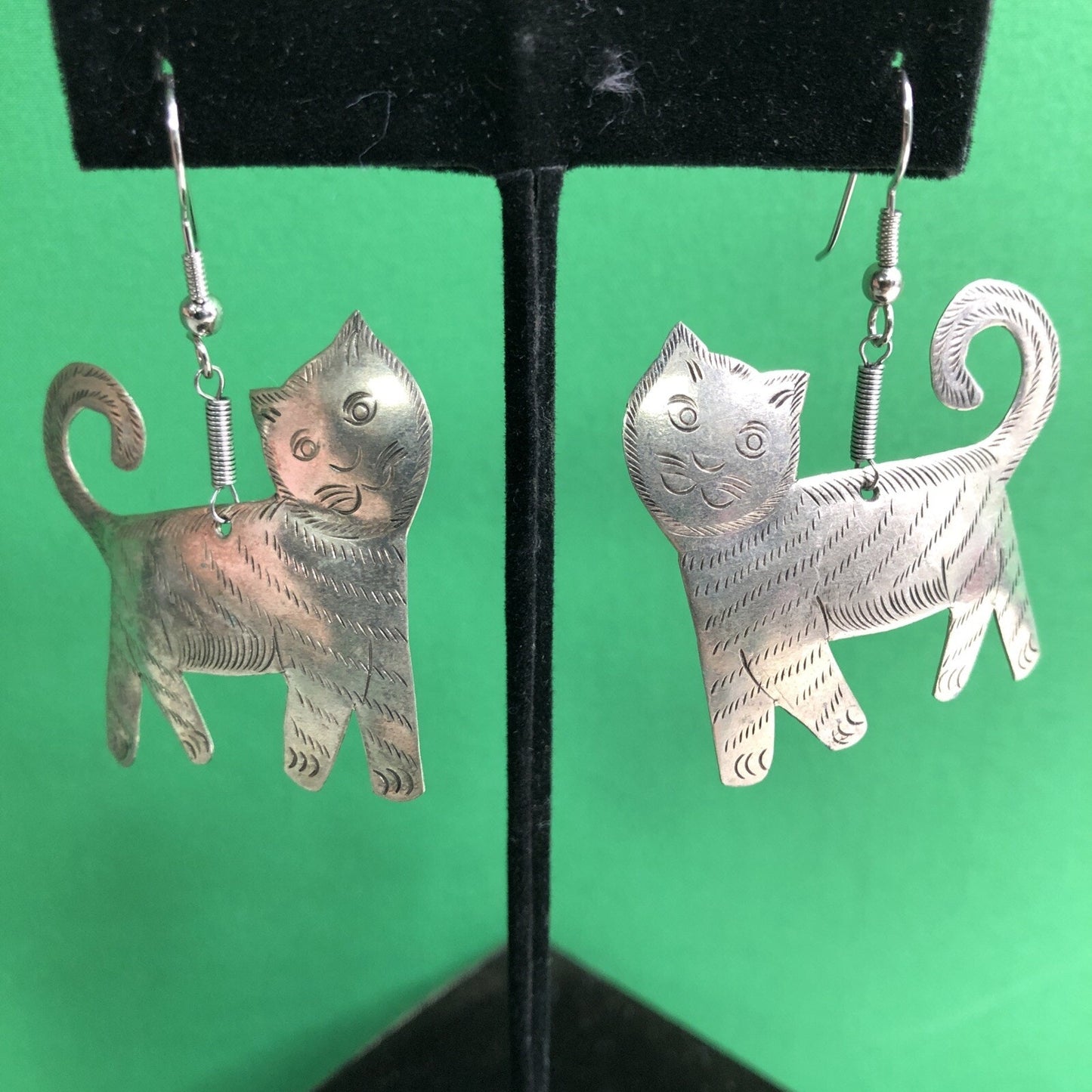 Vtg Mexican Silver CAT Drop Earrings Intricate Stamped Detail Pierced Hook Wire