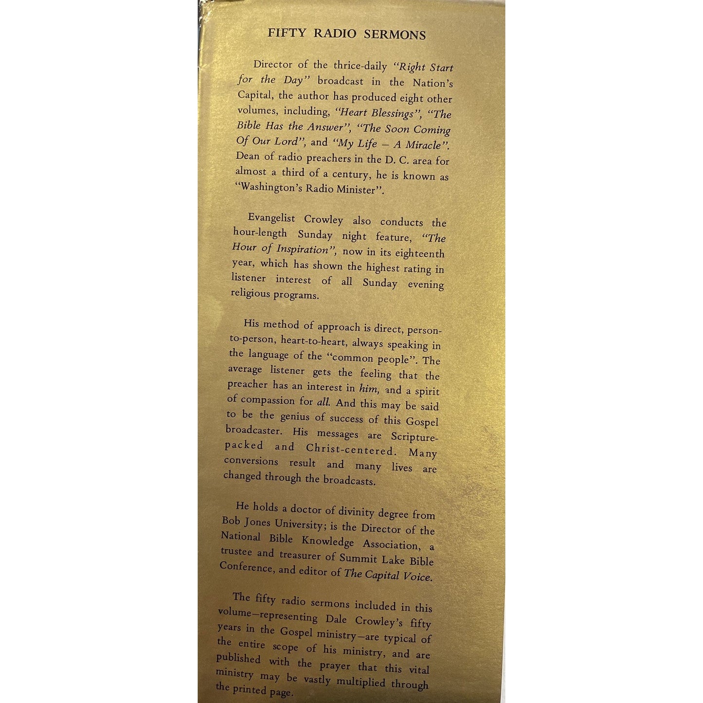 Fifty Radio Sermons by Dale Crowley Golden Anniversary 1ST Edition HC DJ 1972