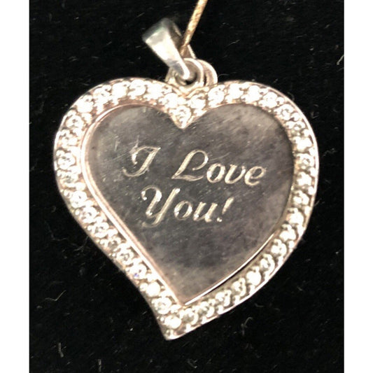 Vintage Sterling Layered Heart I LOVE YOU Engraved Pendant With Rhinestones