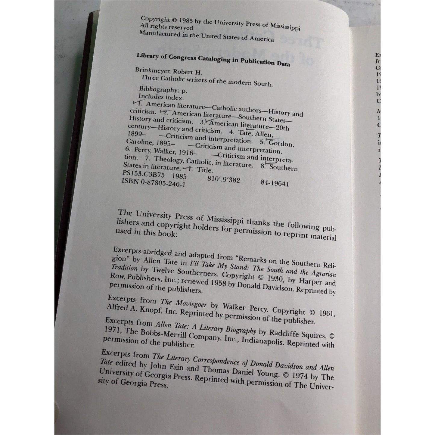 Three Catholic Writers of the Modern South by Brinkmeyer HC DJ ExLibrary MS 1985