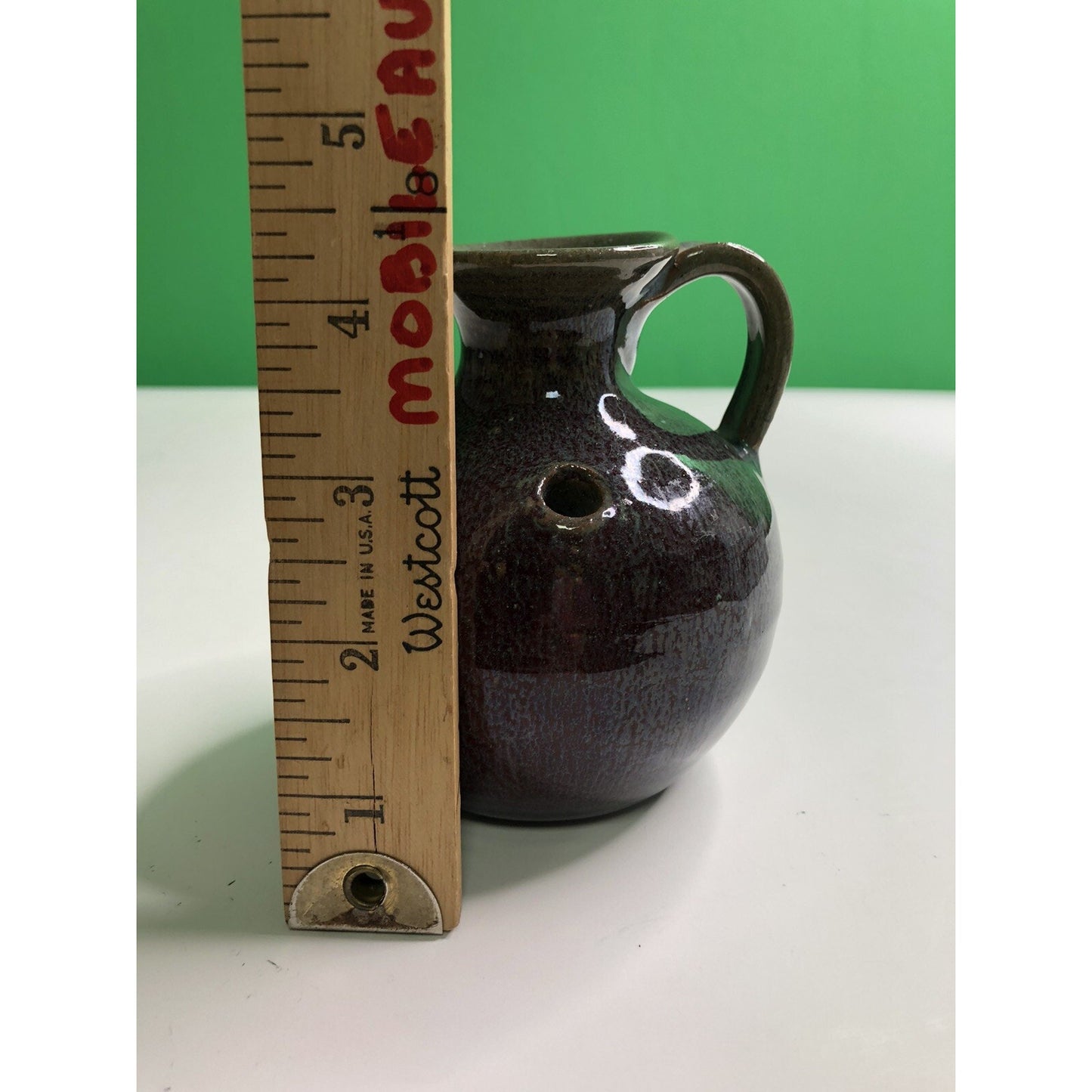 Vintage HAND MADE Studio Art Pottery FLOWER FROG JUG Vase Glazed Holes 4.5” High