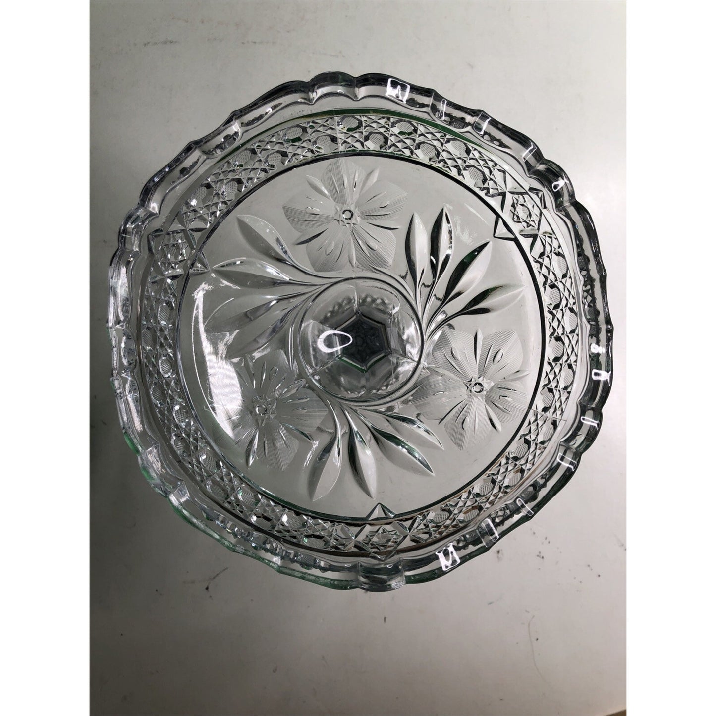 Beautiful Cut Glass Pedestal Compote Etched Flowers 8” Scalloped Edge