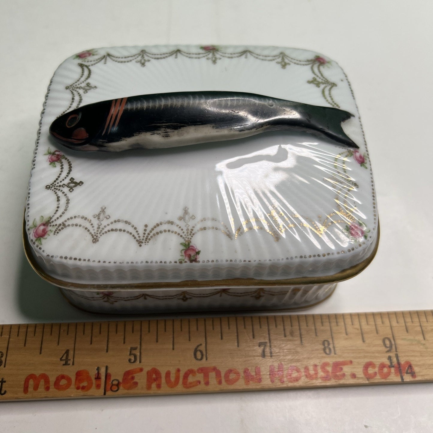Antique Victoria Austria Covered Sardines China Dish 5” x 4” Figural Fish Handle