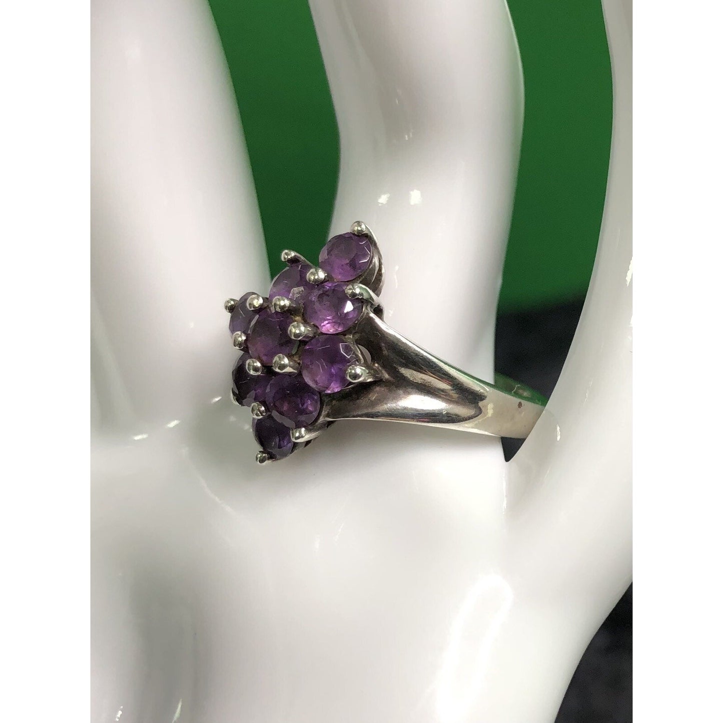 Vintage Amethyst Sterling Silver Ring Marquise Setting Round Stones