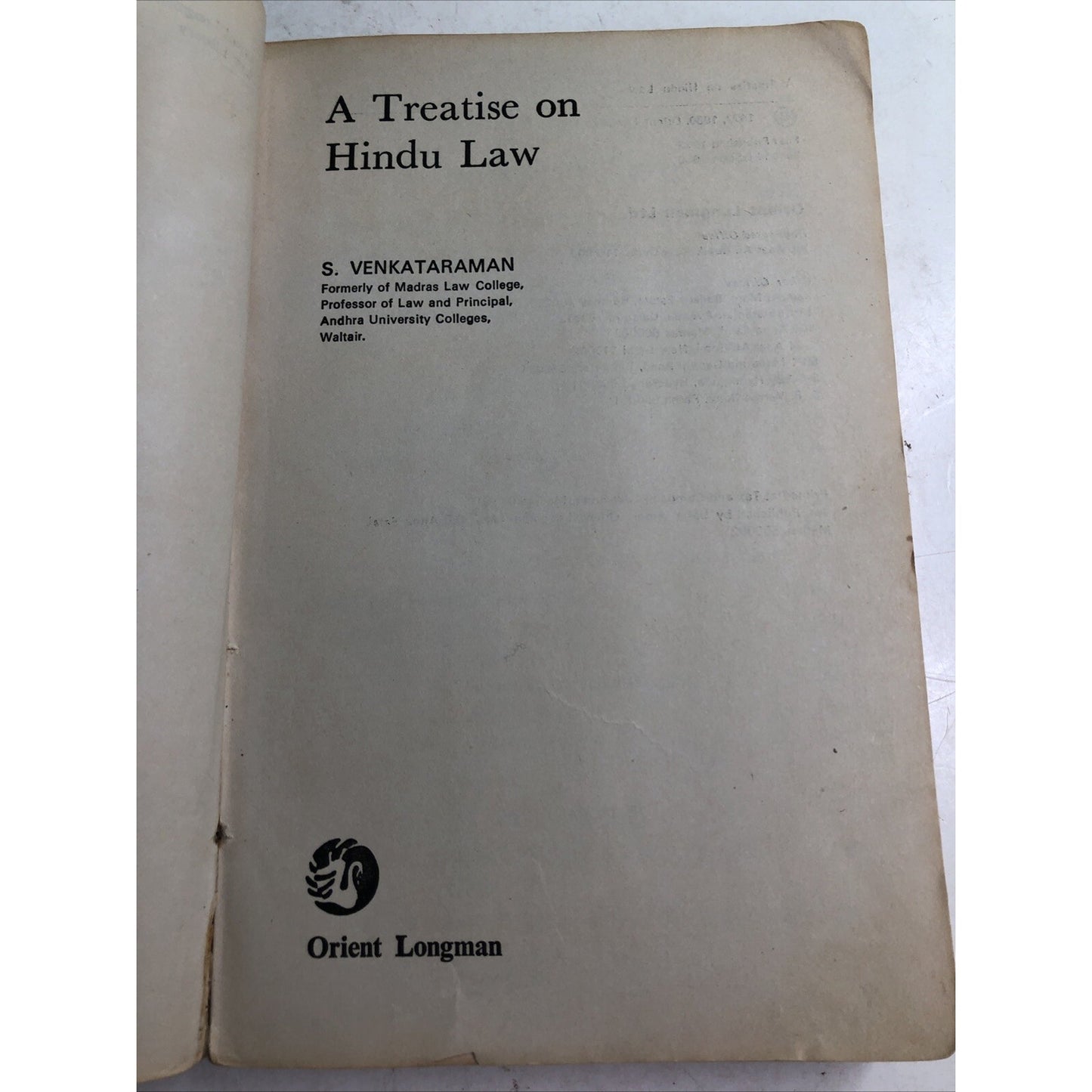 A Treatise On Hindu Law S. Venkataraman 1980 Paperback