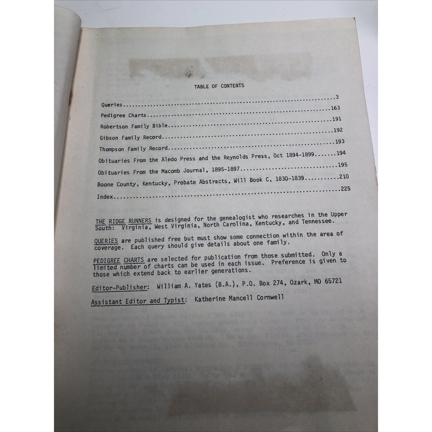 Ridge Runners Volume X111 1981 William Yates Genealogy Pedigree Family Record