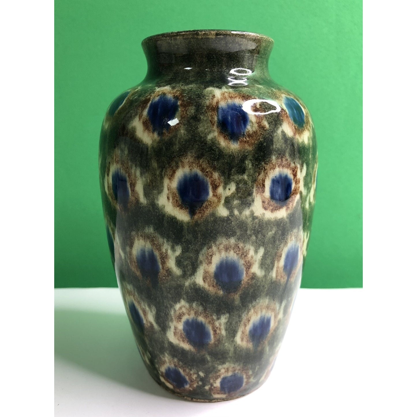 Early 1900s Antique FRIEDRICH FESTERSEN BUNZLAU PEACOCK Studio Art POTTERY VASE