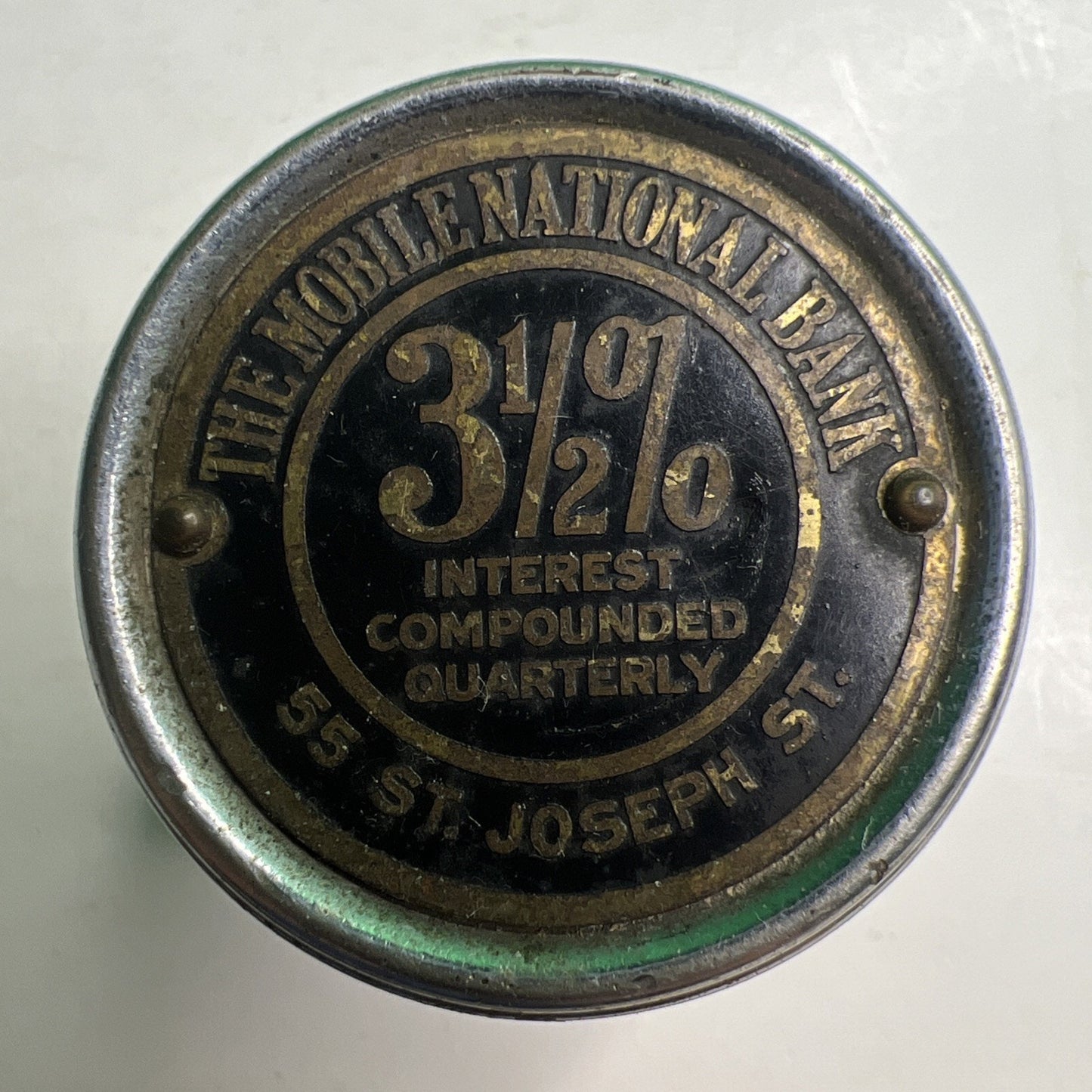 Vintage Advertising Mobile National Bank Chrome Barrel Bank No Key Alabama