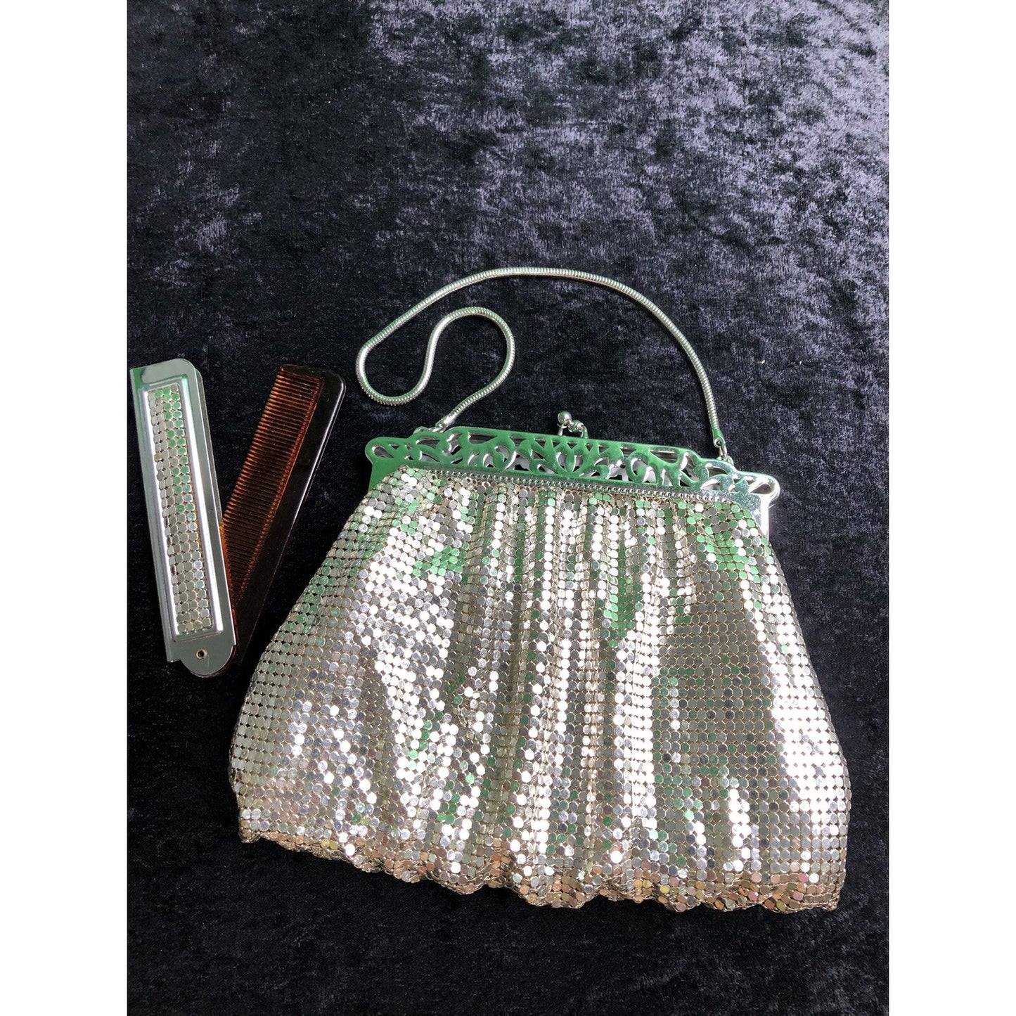 Vintage Set Whiting & Davis Silver Mesh Purse Kiss Lock w/ Box & Folding Comb