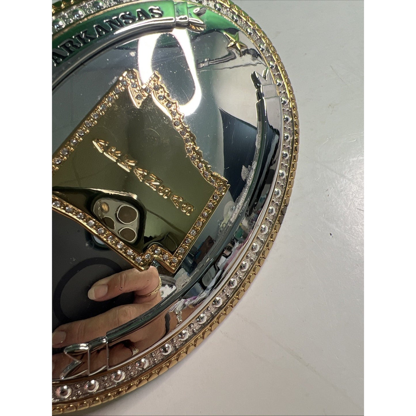 State of Arkansas Silver/Gold Tone Belt Buckle With Rhinestones Large 6” Wide
