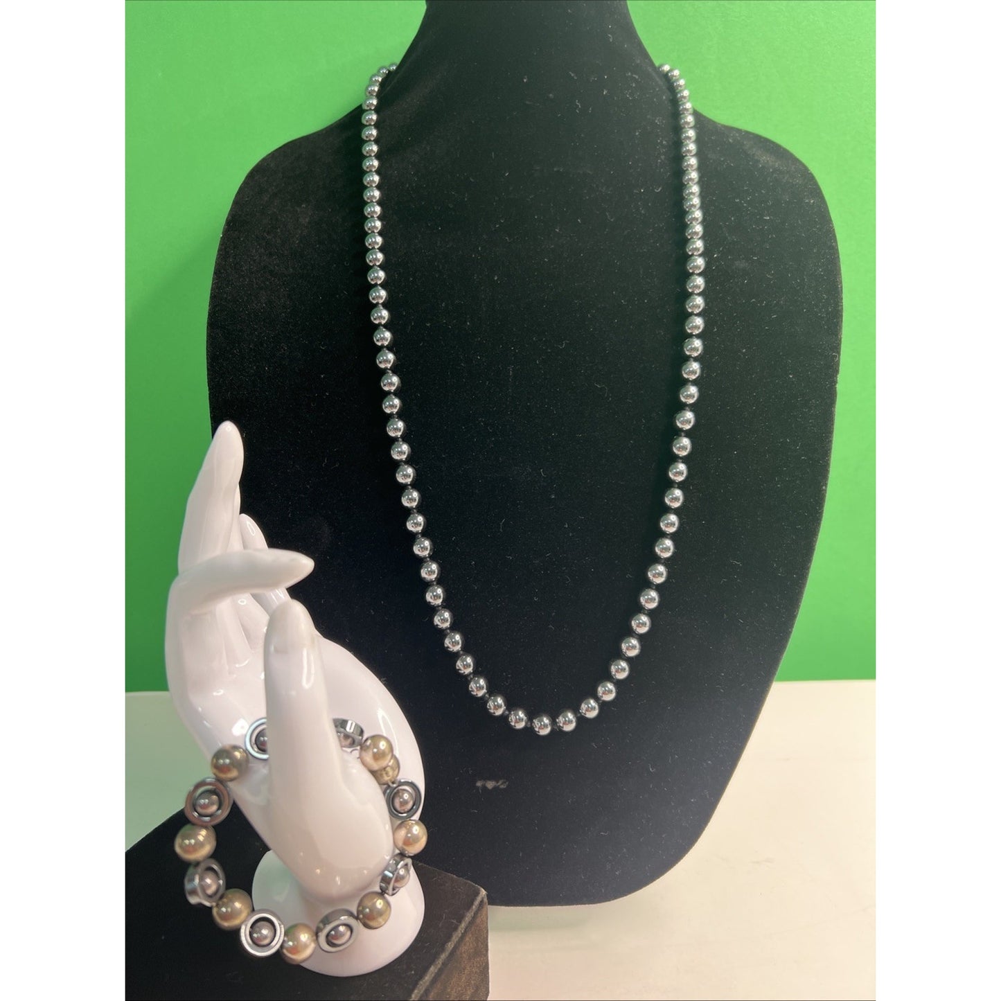 Pair Hematite Beaded Necklace 32” And Wired Bracelet 7” Set