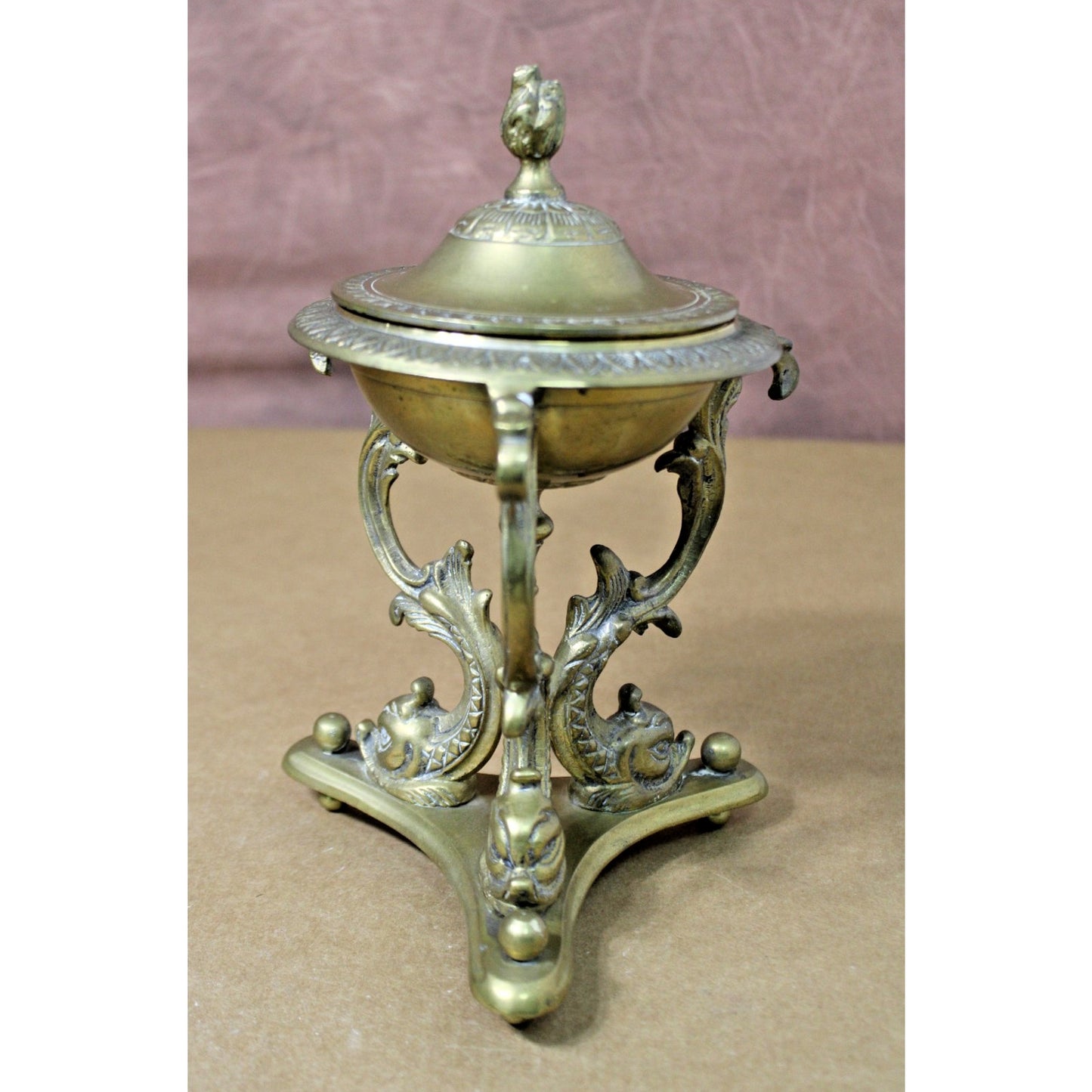 French Empire 9.5-Inch Tall Brass Lidded Bowl on Dolphin Pedestal, Gorgeous!