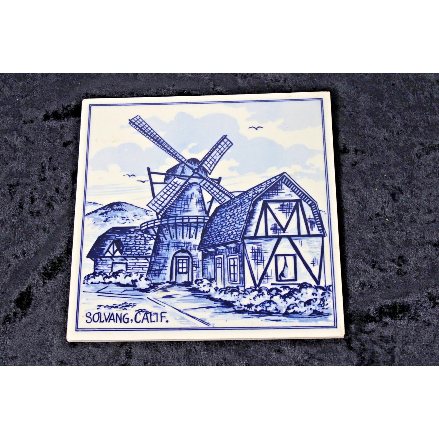 Vintage Blue Delft Ceramic Tile- Solvang, California Windmill Country Farm 6x6"