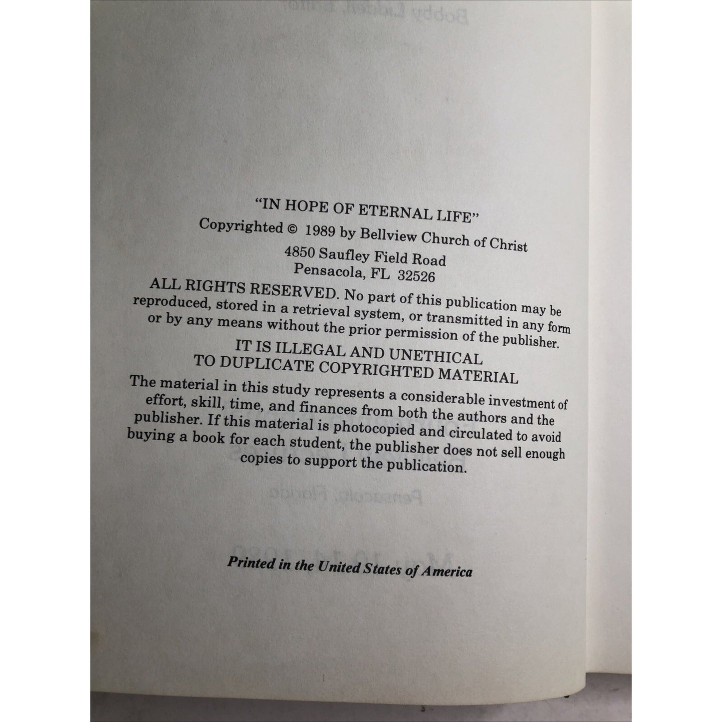 In Hope Of Eternal Life HC 1989 Bellview Lectures Bobby Liddell Pensacola FL