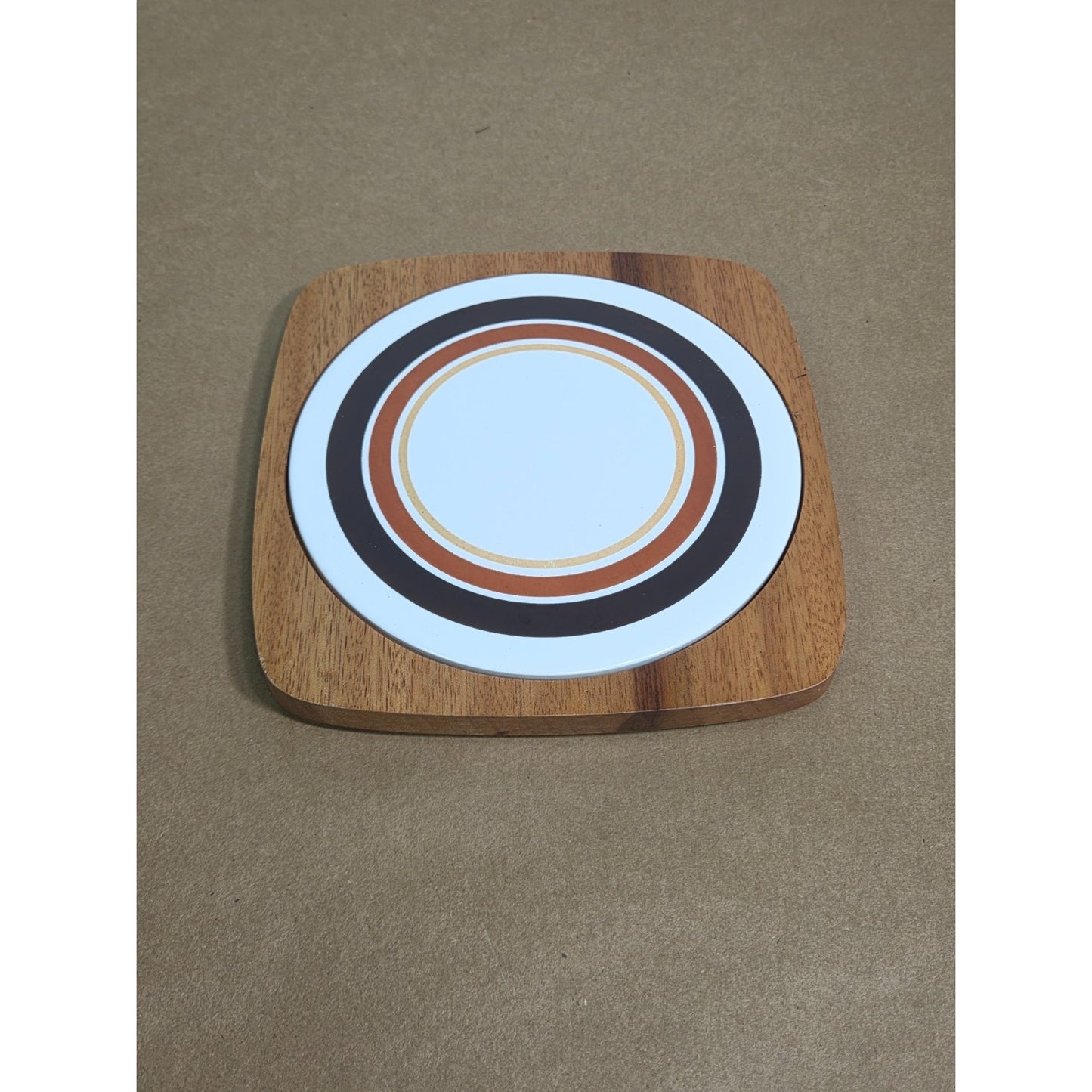 Vintage MCM Wood & Ceramic Tile Trivet - Retro 70s Concentric Circles