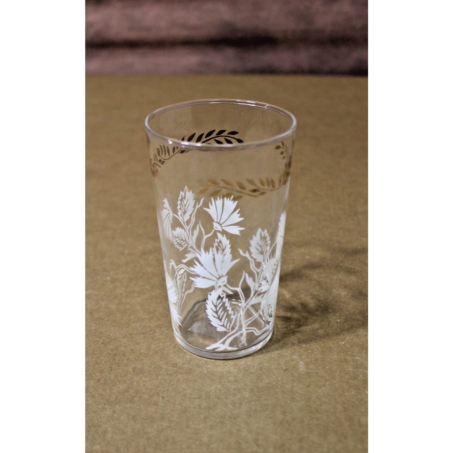 Vintage 5" Gold/ White Tumbler/ Glass with Thistle Pattern, MCM Hollywood Glam