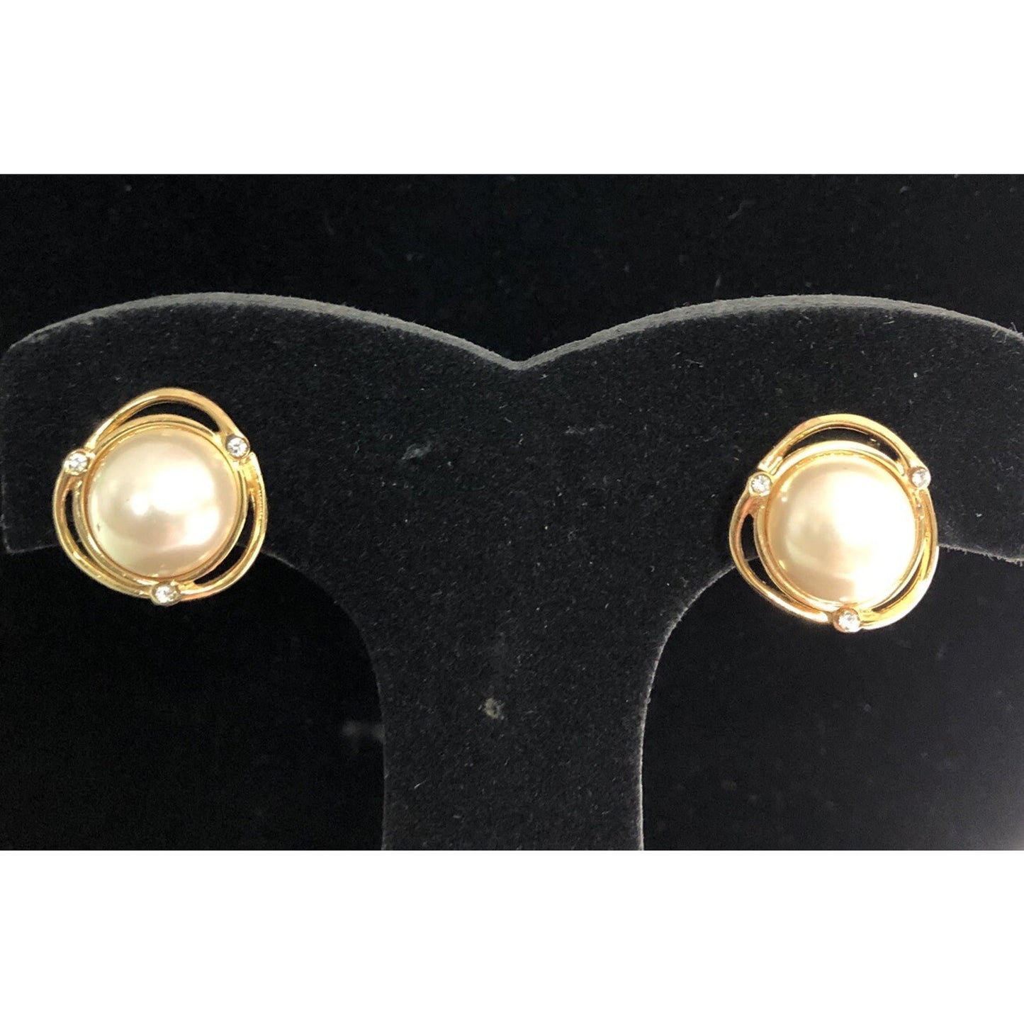 Vintage Fashion Clip On Earrings Faux Pearl Goldtone Rhinestones