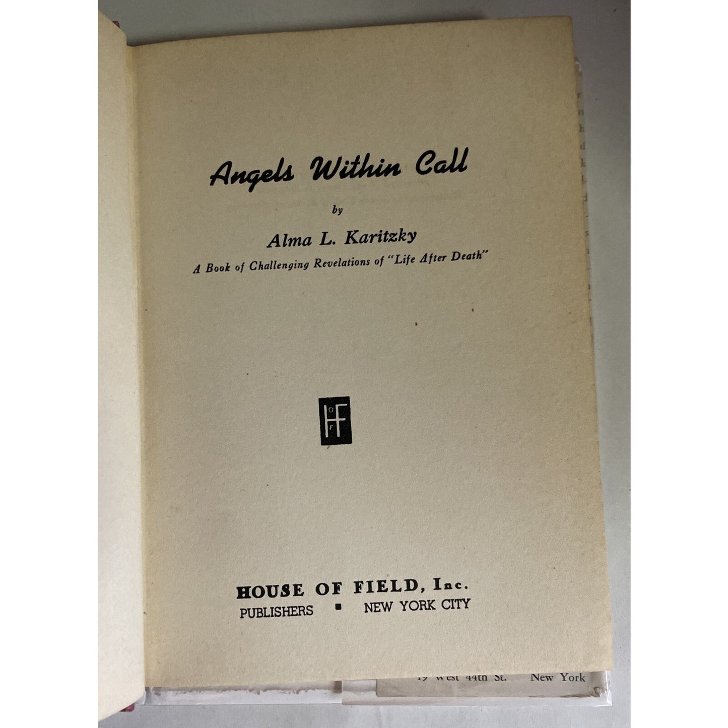 Angels Within Call By Alma L. Karitzky Hardcover, Dust Jacket 1941 Psychic