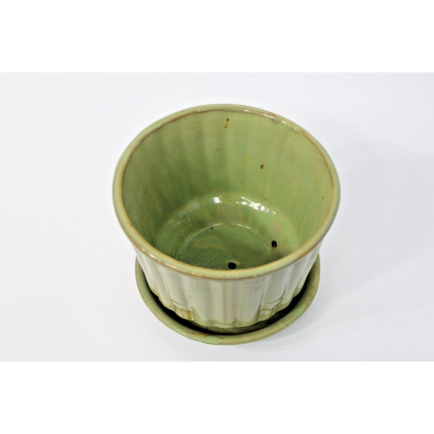 Vintage McCoy Pottery Green Faux Bamboo/ Tiki 6.5" Planter w/ Saucer #0374 USA