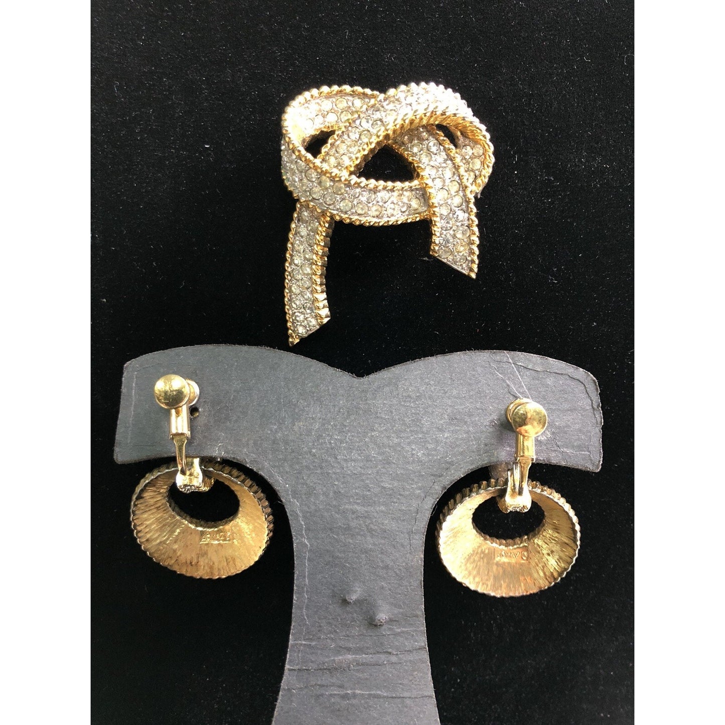 JOMAZ Bow Rhinestone Brooch & Door Knocker Earrings Screw Back Signed Vintage