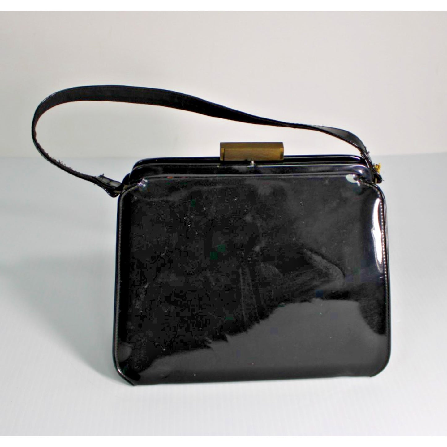 Vintage 1950s 1960s Black Patent Structured Frame Handbag Gold Bar Clasp MCM