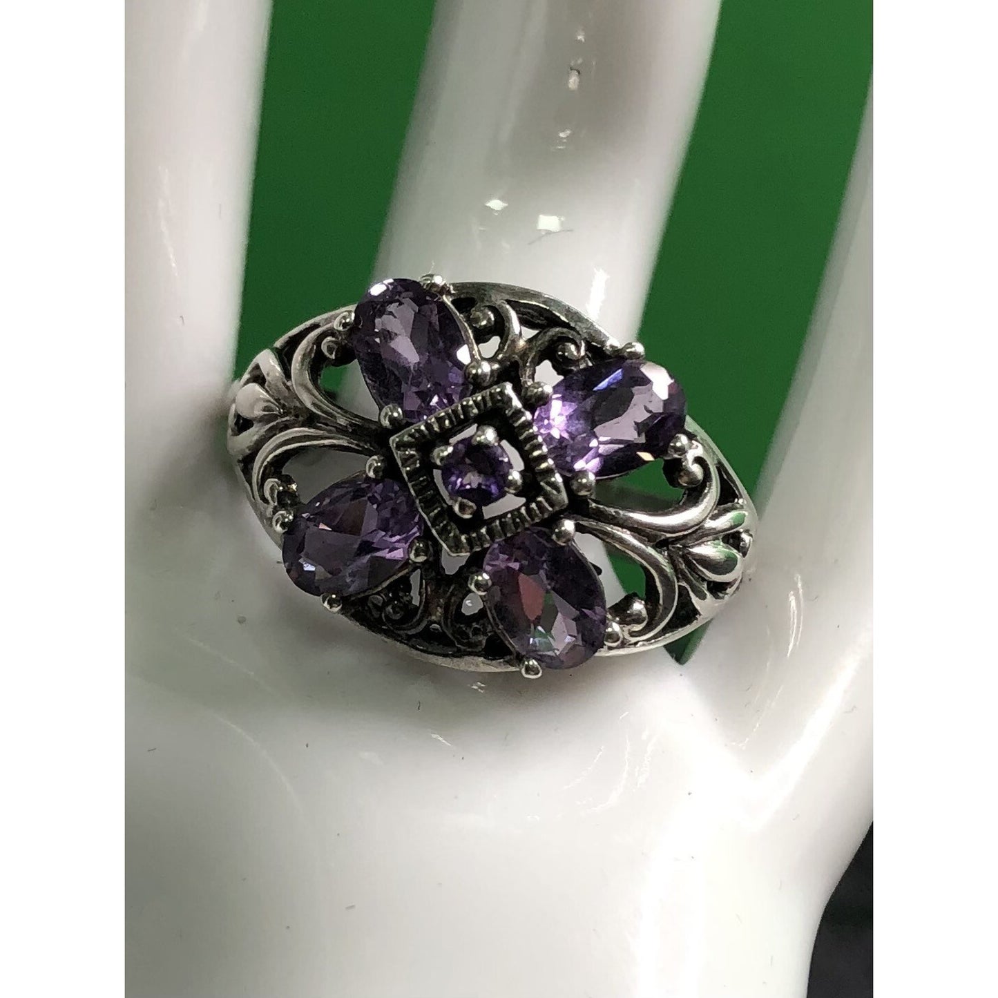 Amethyst Sterling Silver Ring Ornate Jewelry Size 9 Flower Spring Summer