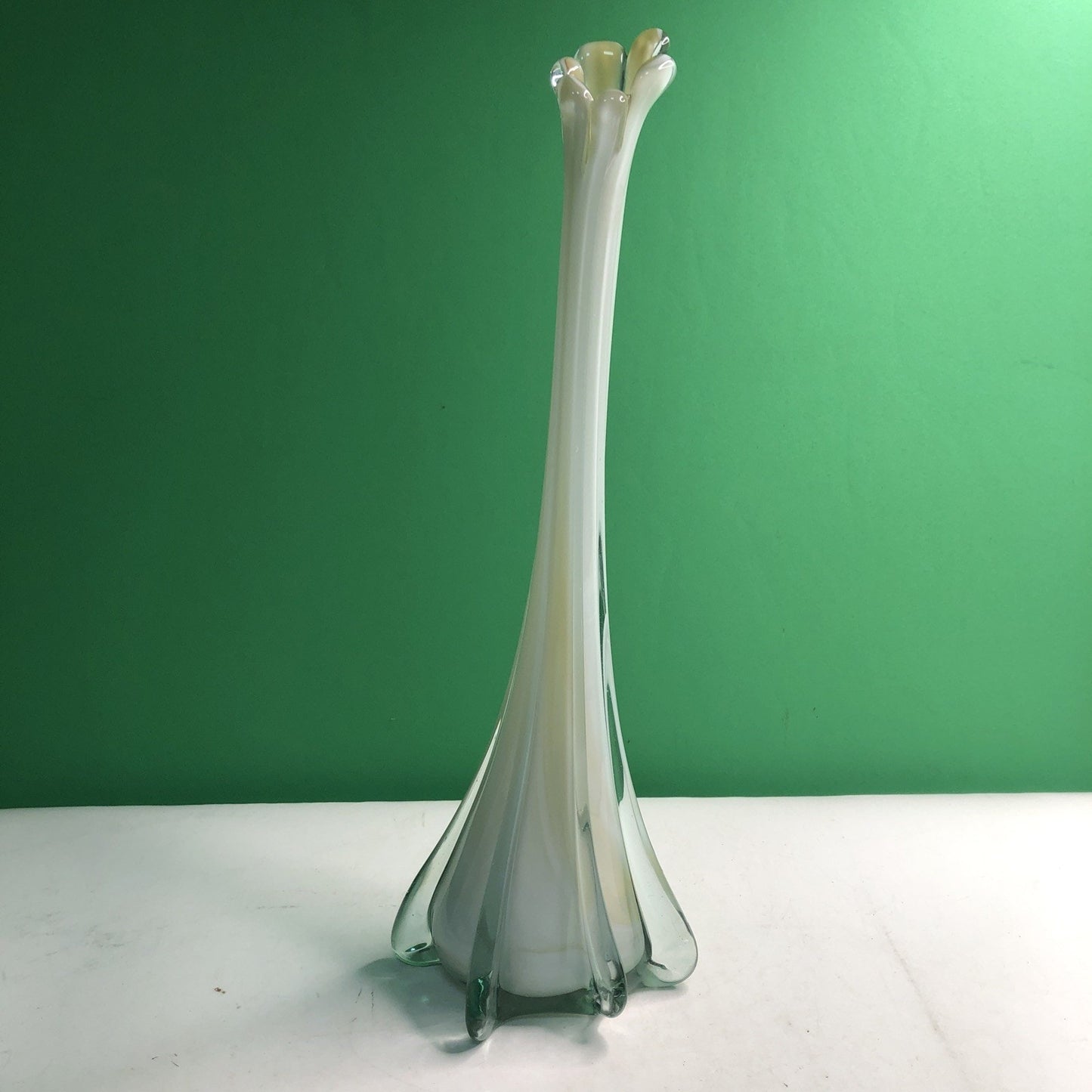 Vintage MCM Swung Glass Vase White Cream Clear 17.75” Tall Mid Century