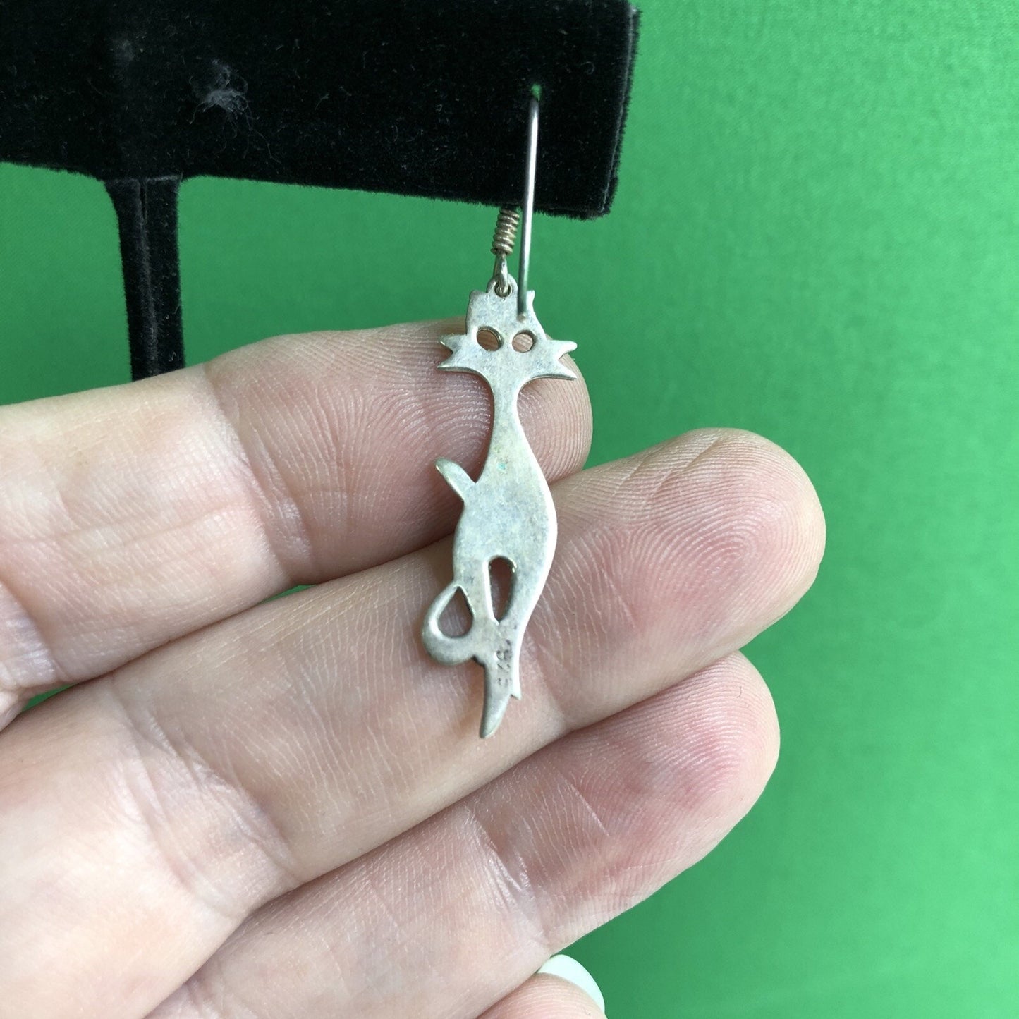 Vtg Mexican .925 Silver MCM Mod CAT Kitty Earrings Stamped Pierced Hook Wire