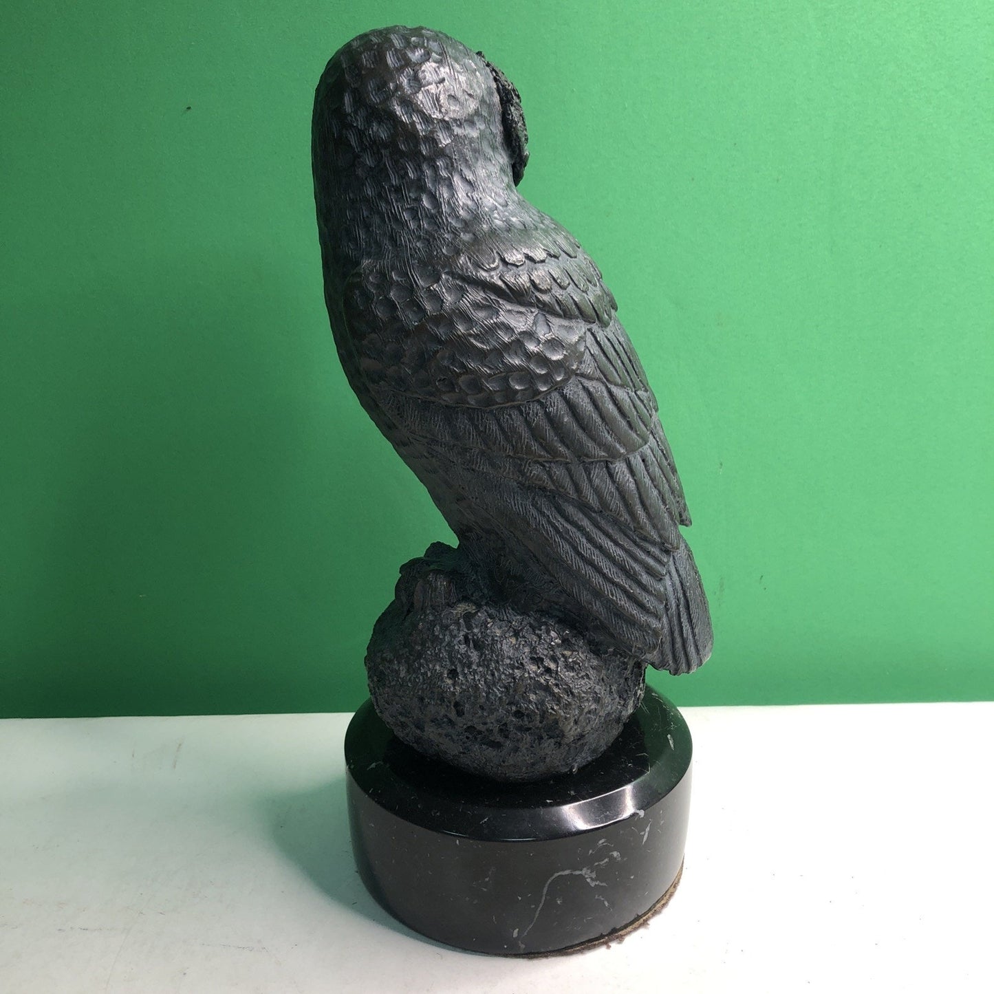 Realistic MCM Owl Bronze Sculpture Black Marble Base 11.25” Tall- 13 Pounds Bird