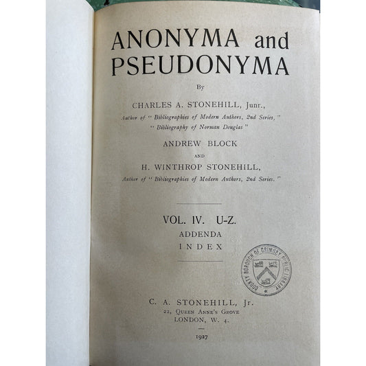 1927 Anonyma & Pseudonyma Volume 4 U-Z C A Stonehill Block