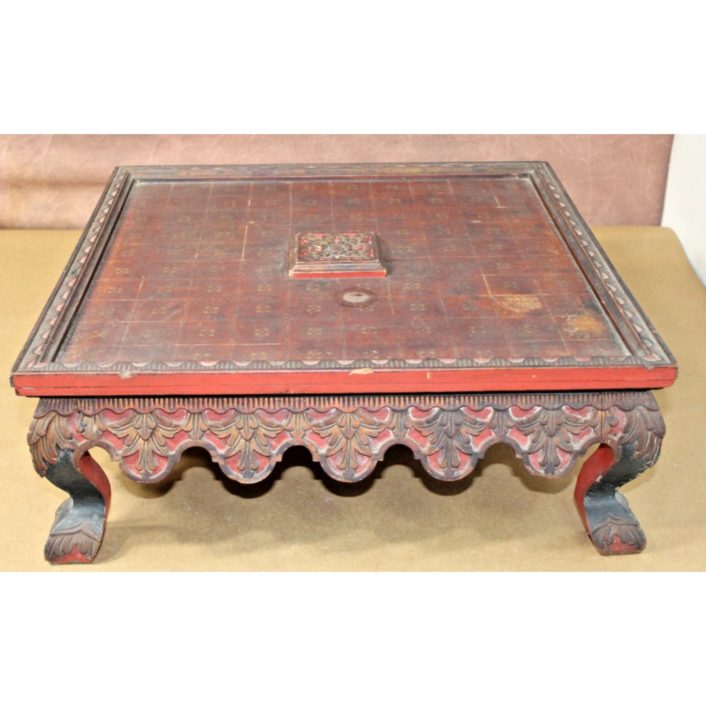 Heavily Carved Antique Japanese Wooden Shogi Game Board with Storage