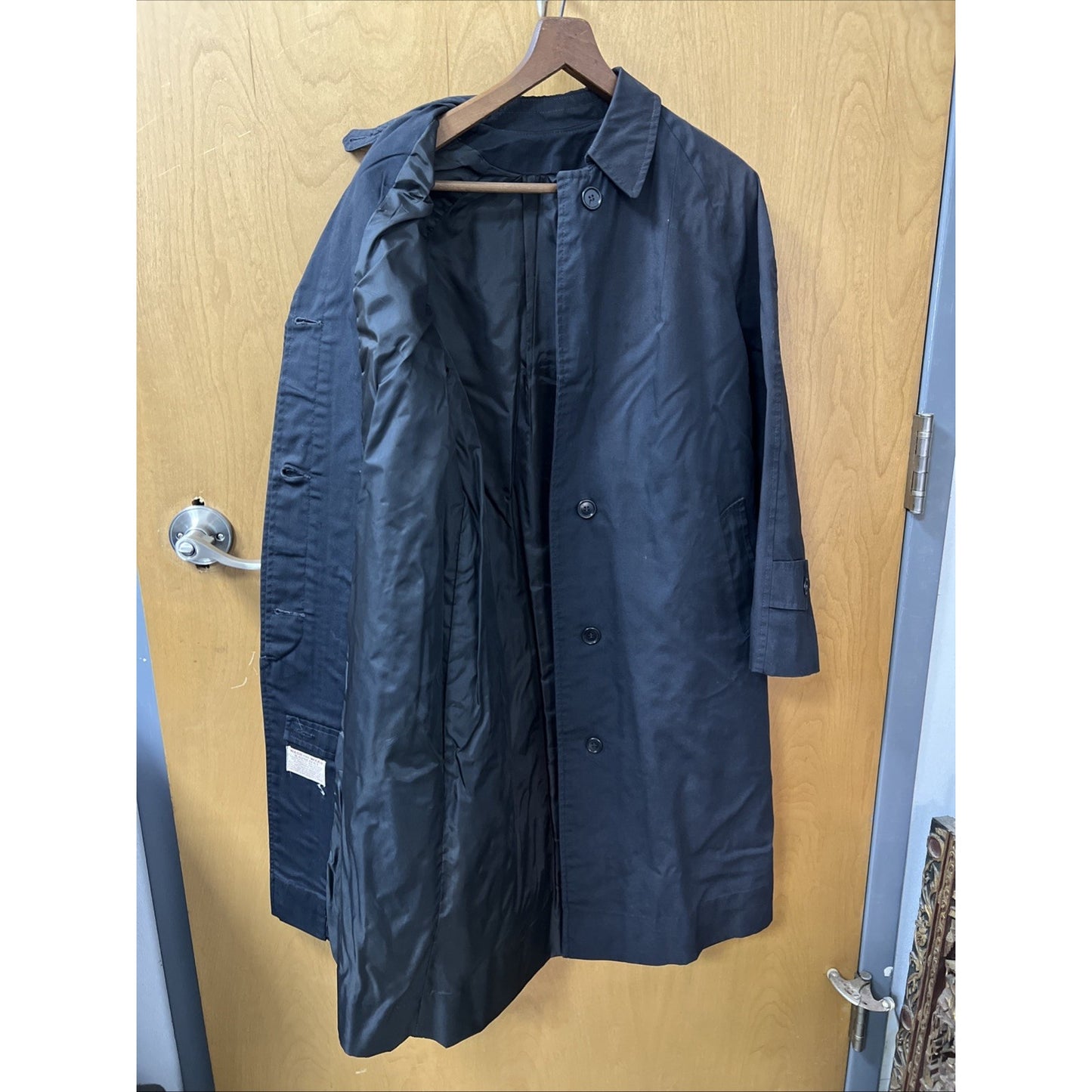 Vintage Size Small Black Trench Coat Slash Pockets 38” Long Wash & Wear Raincoat