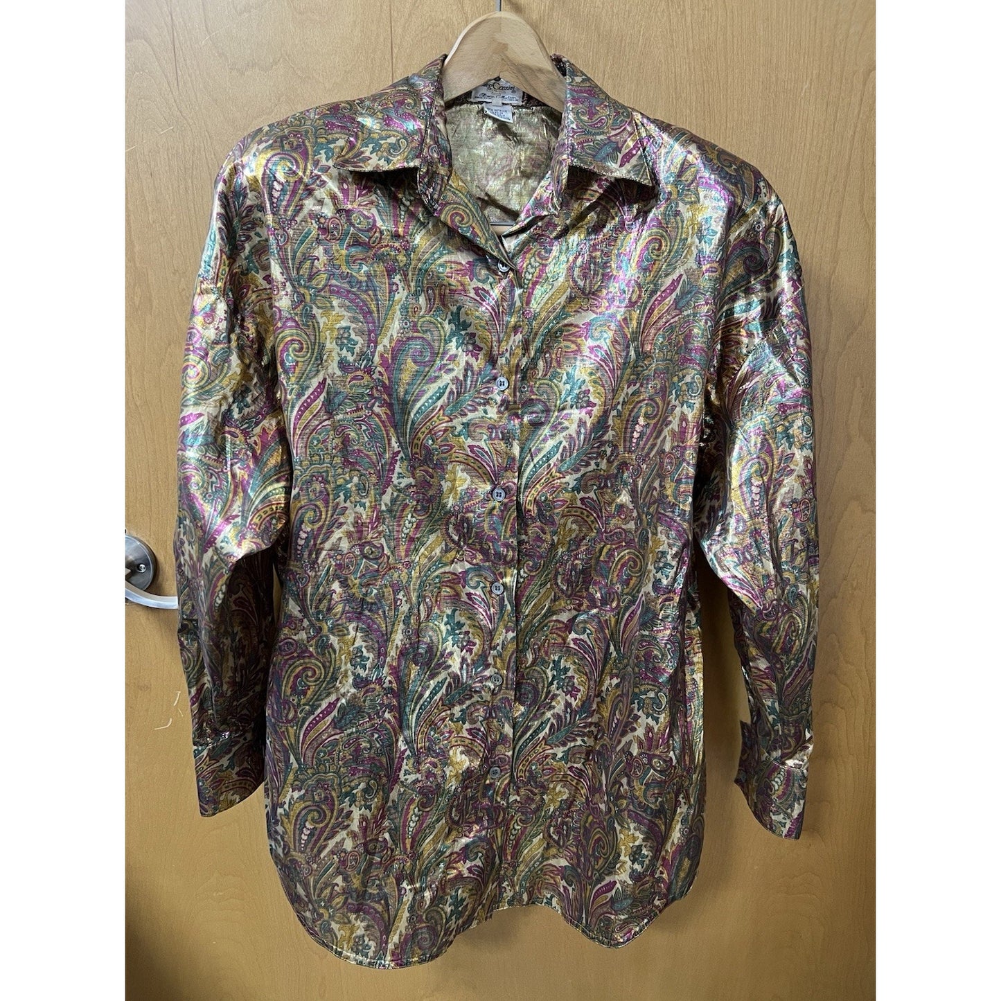 OLEG CASSINI Metallic Fabric Blouse Size 8 Button Up Shirt Paisley Pattern