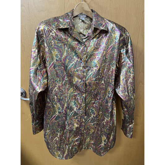 OLEG CASSINI Metallic Fabric Blouse Size 8 Button Up Shirt Paisley Pattern