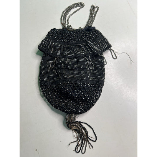 Antique Black & Silver Steel Bead Fringe Flapper Purse Greek Key NEEDS REPAIR
