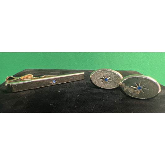 VTG Gold Tone Cufflinks & Tie Clip Blue Rhinestone Starburst Mid Century Avon