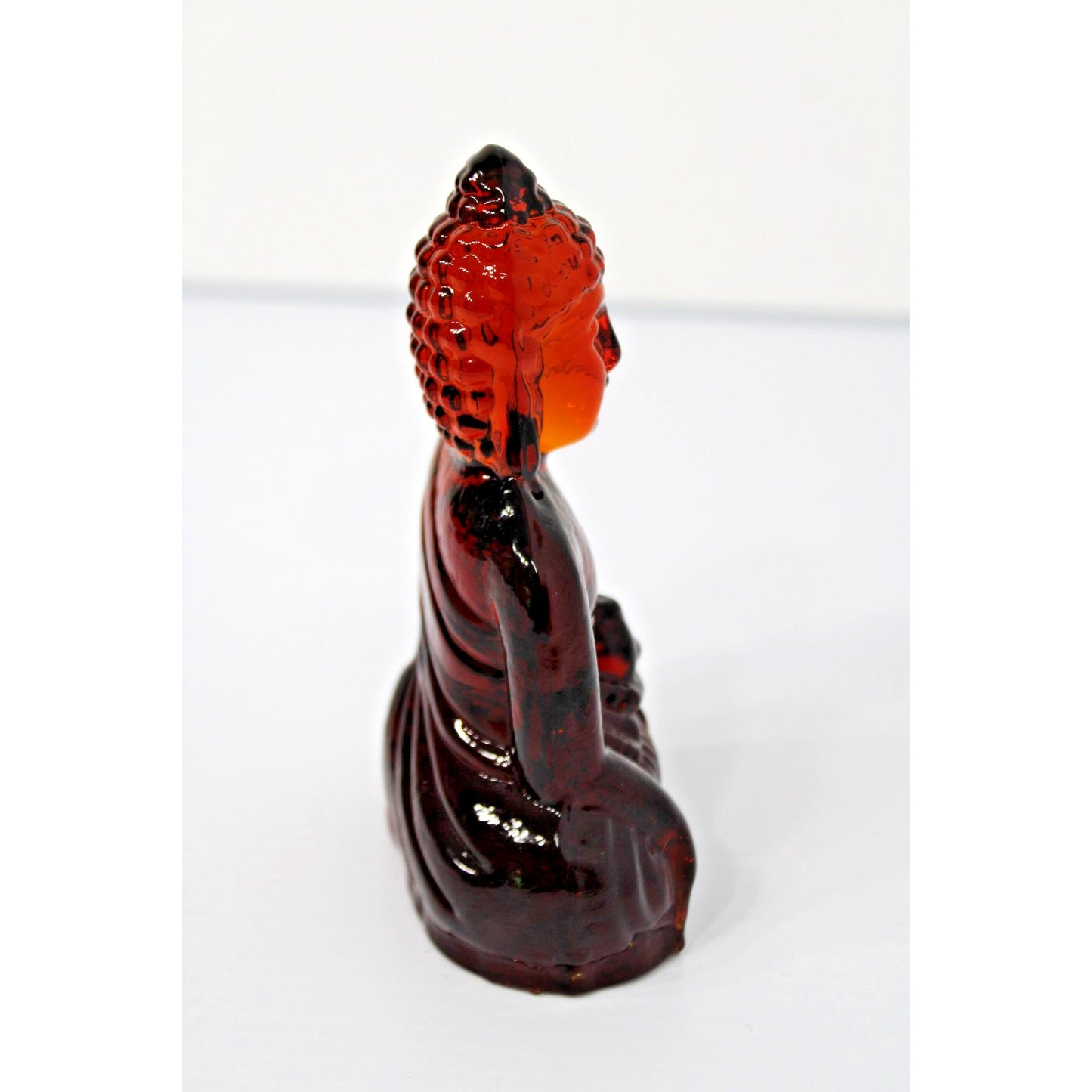 Art Glass Buddha Bodhisattva Figure, 5.5H Amber Red Amberina, Dynasty Gallery