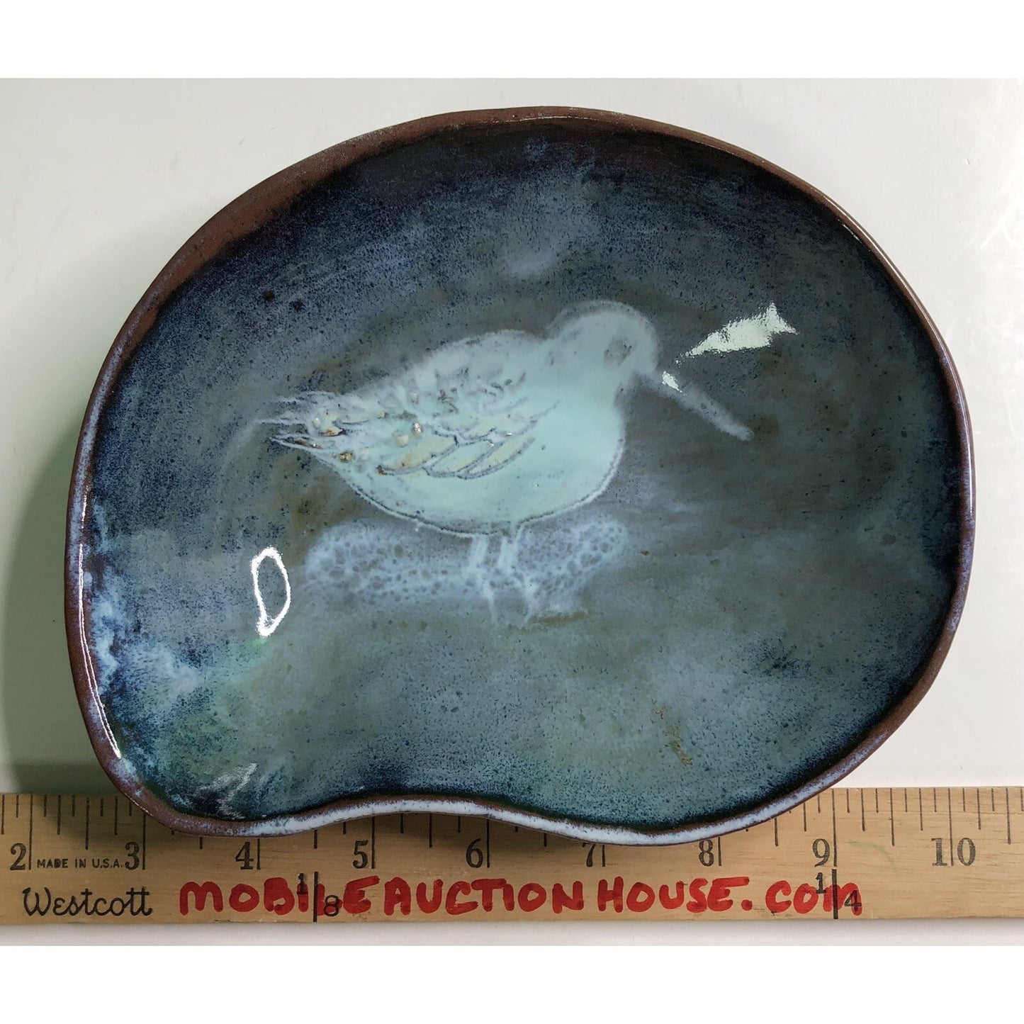 Vintage MCM Freeform DISH Bowl Studio Art Pottery w/ BIRD Blue Glaze Signed M V
