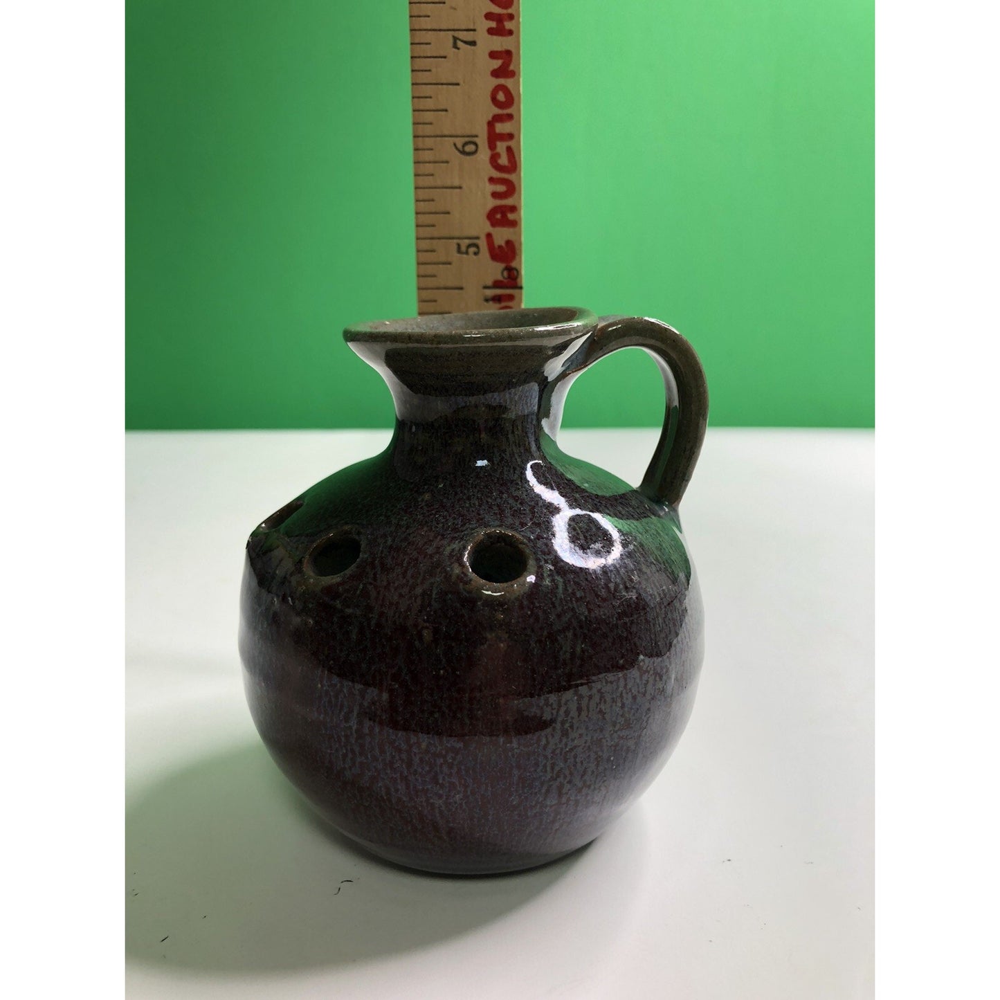 Vintage HAND MADE Studio Art Pottery FLOWER FROG JUG Vase Glazed Holes 4.5” High