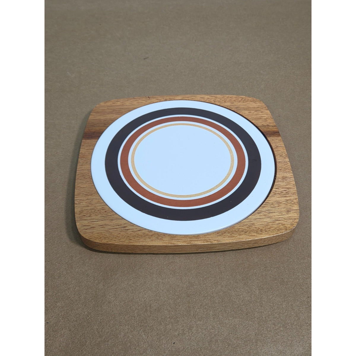 Vintage MCM Wood & Ceramic Tile Trivet - Retro 70s Concentric Circles