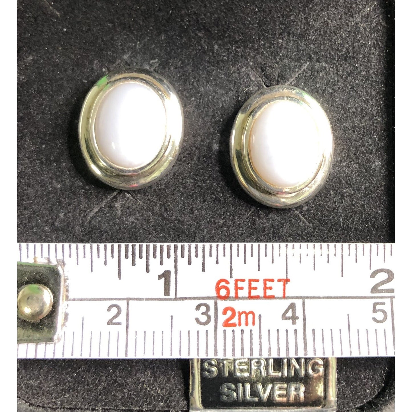 Vintage Sterling Silver Oval White Cabochon Stone Post Earrings Gift Box