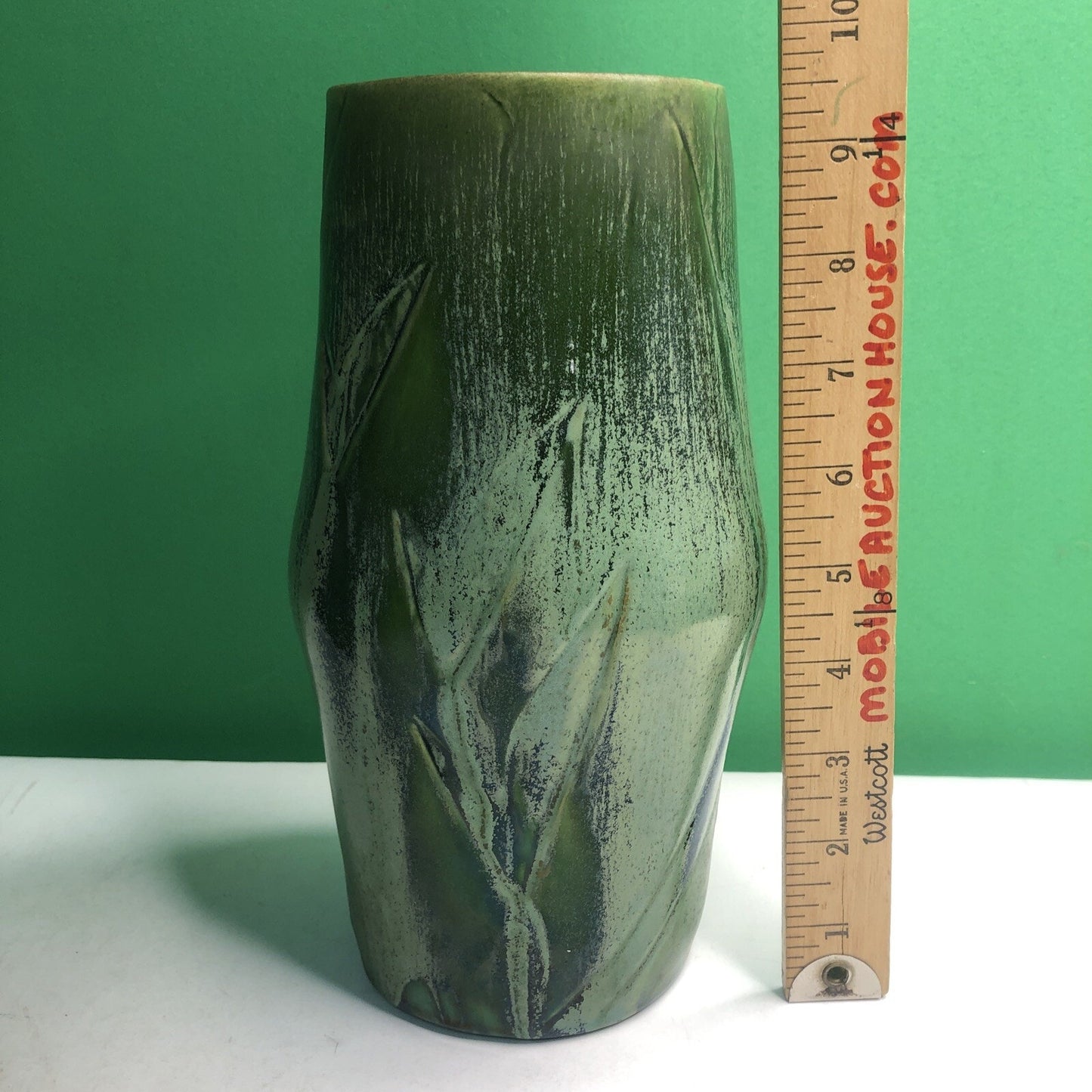 Vintage California Pottery Vase by Artist Hazel Hutchins Green Leaf/Plant Motif