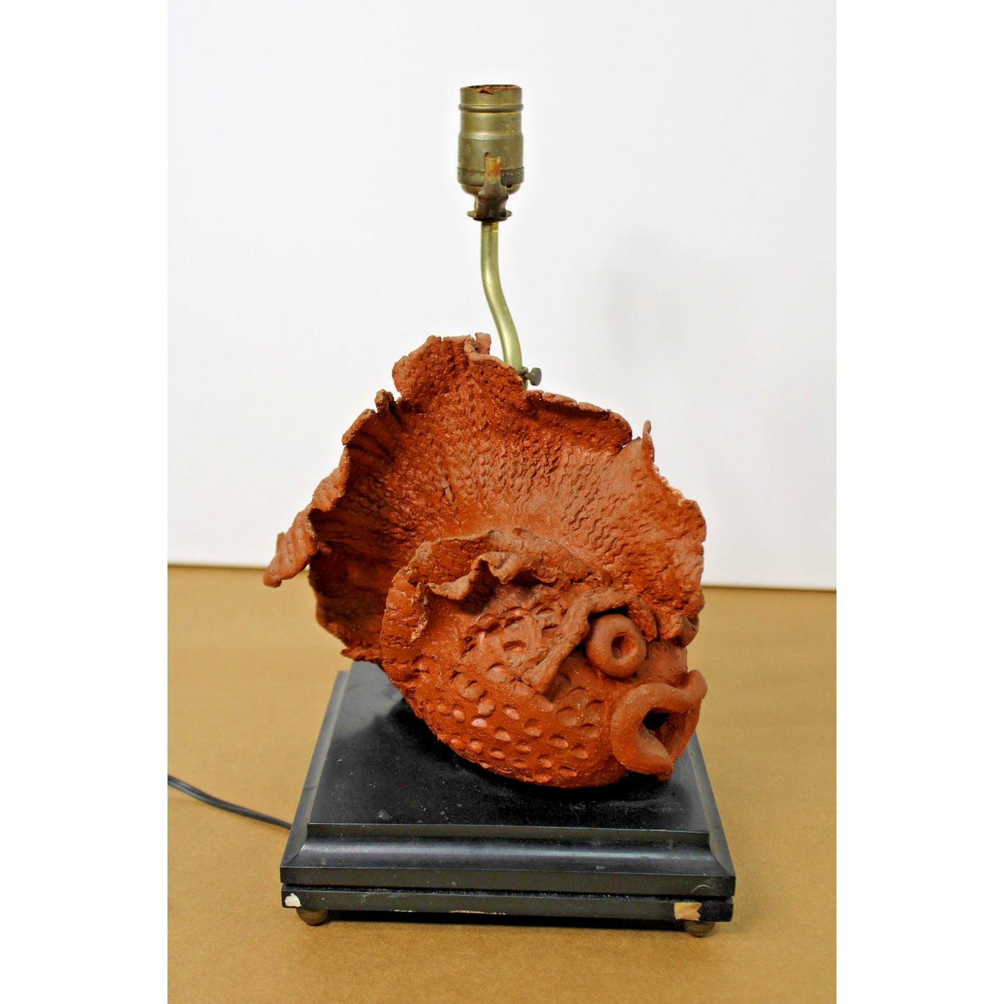 Artisan-made Pottery Terracotta Figural Reef Fish Lamp on Black Base, Untested
