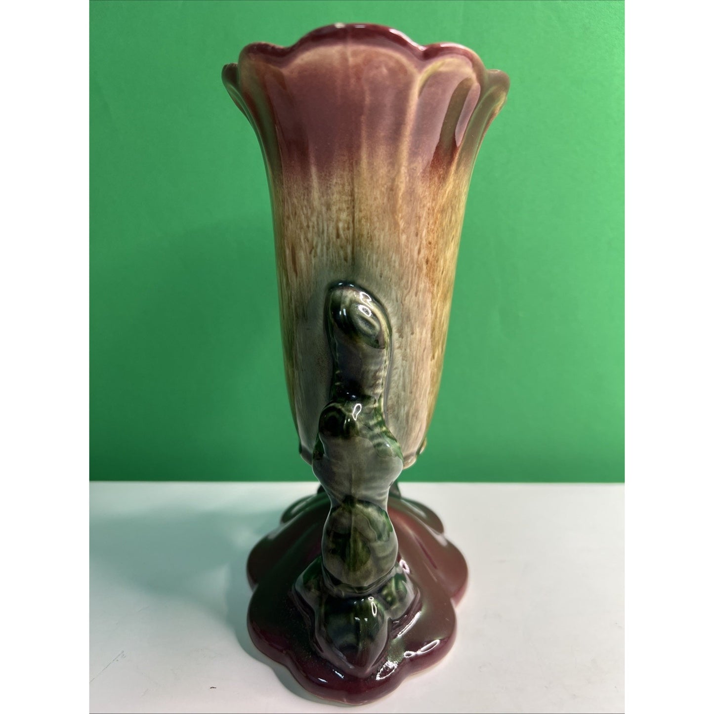 Vintage Hull USA Woodland Double Footed Suspended Vase Burgundy Brown 8"