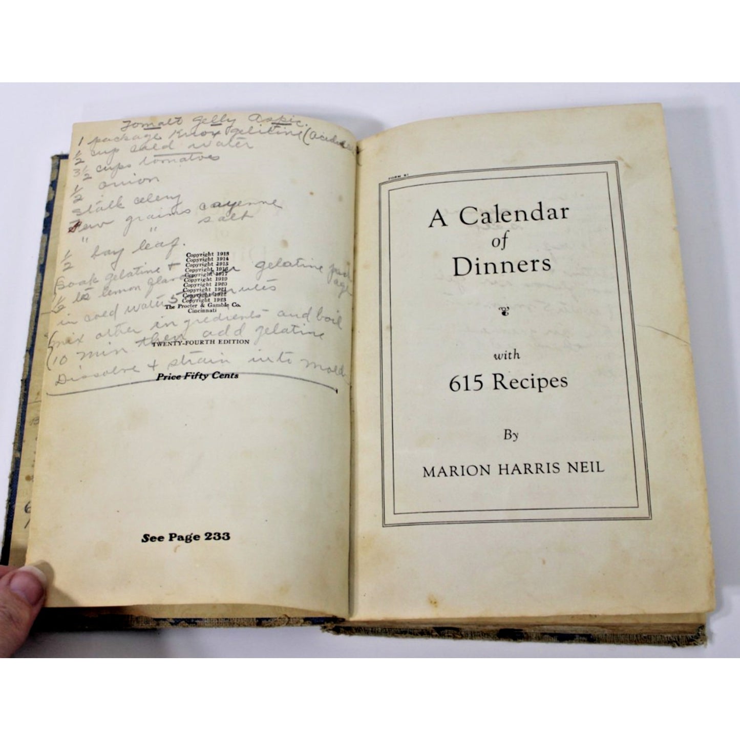 1925 A Calendar of Dinners- Marion Harris Neil- 615 Recipes, Crisco 24th Ed.