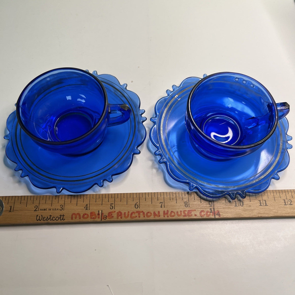 Two (2) L E Smith Mt Pleasant Cobalt Blue Cups & Saucers Vintage Pair
