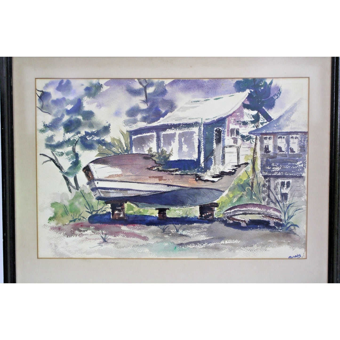 Original Watercolor- Nautical Seaside Scene- Signed Canady- 21" x 28" Framed