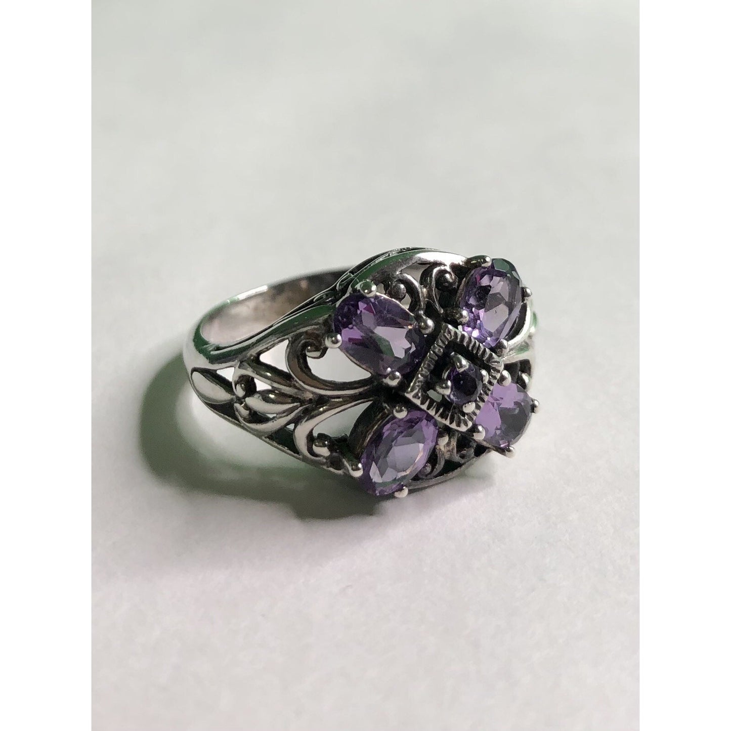 Amethyst Sterling Silver Ring Ornate Jewelry Size 9 Flower Spring Summer