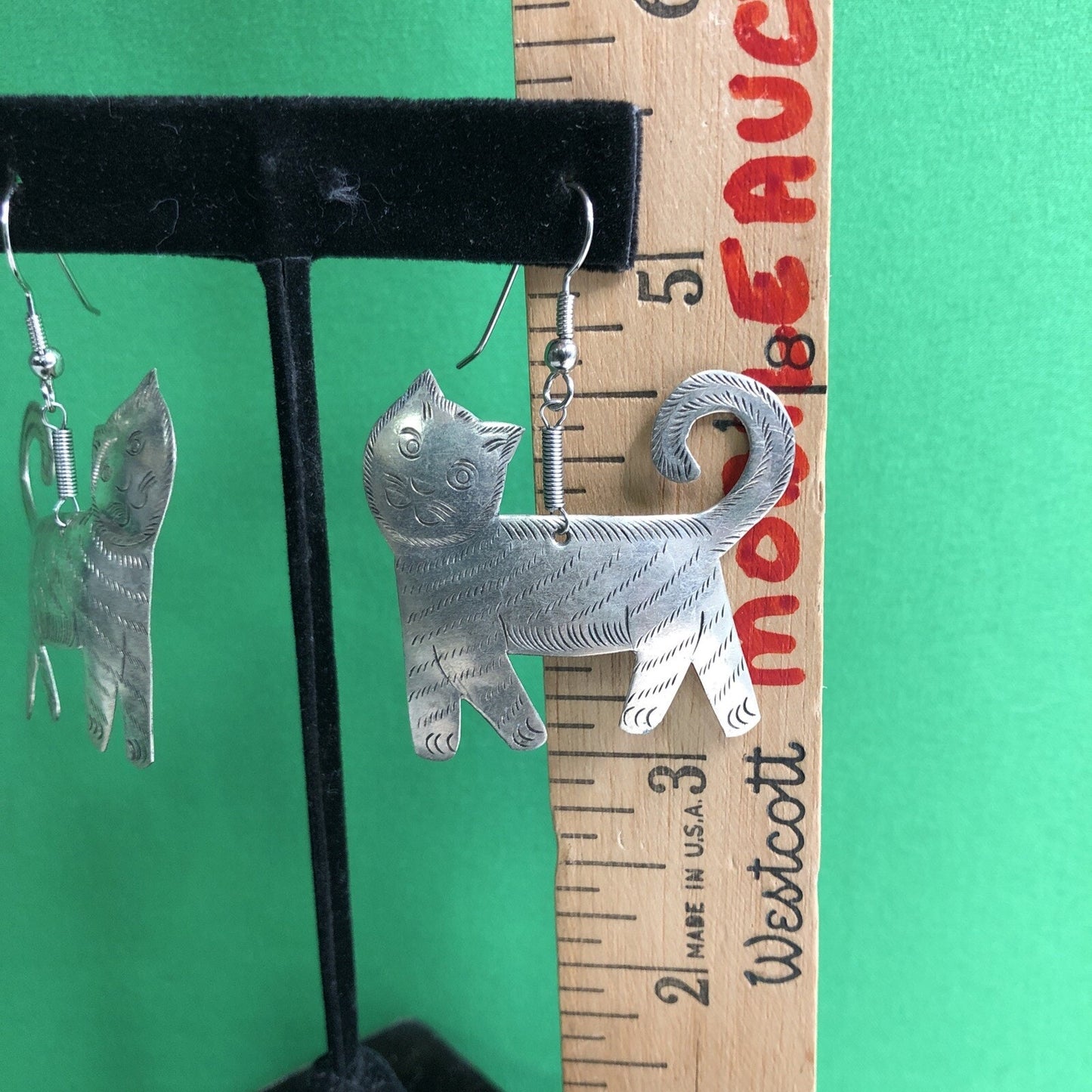 Vtg Mexican Silver CAT Drop Earrings Intricate Stamped Detail Pierced Hook Wire