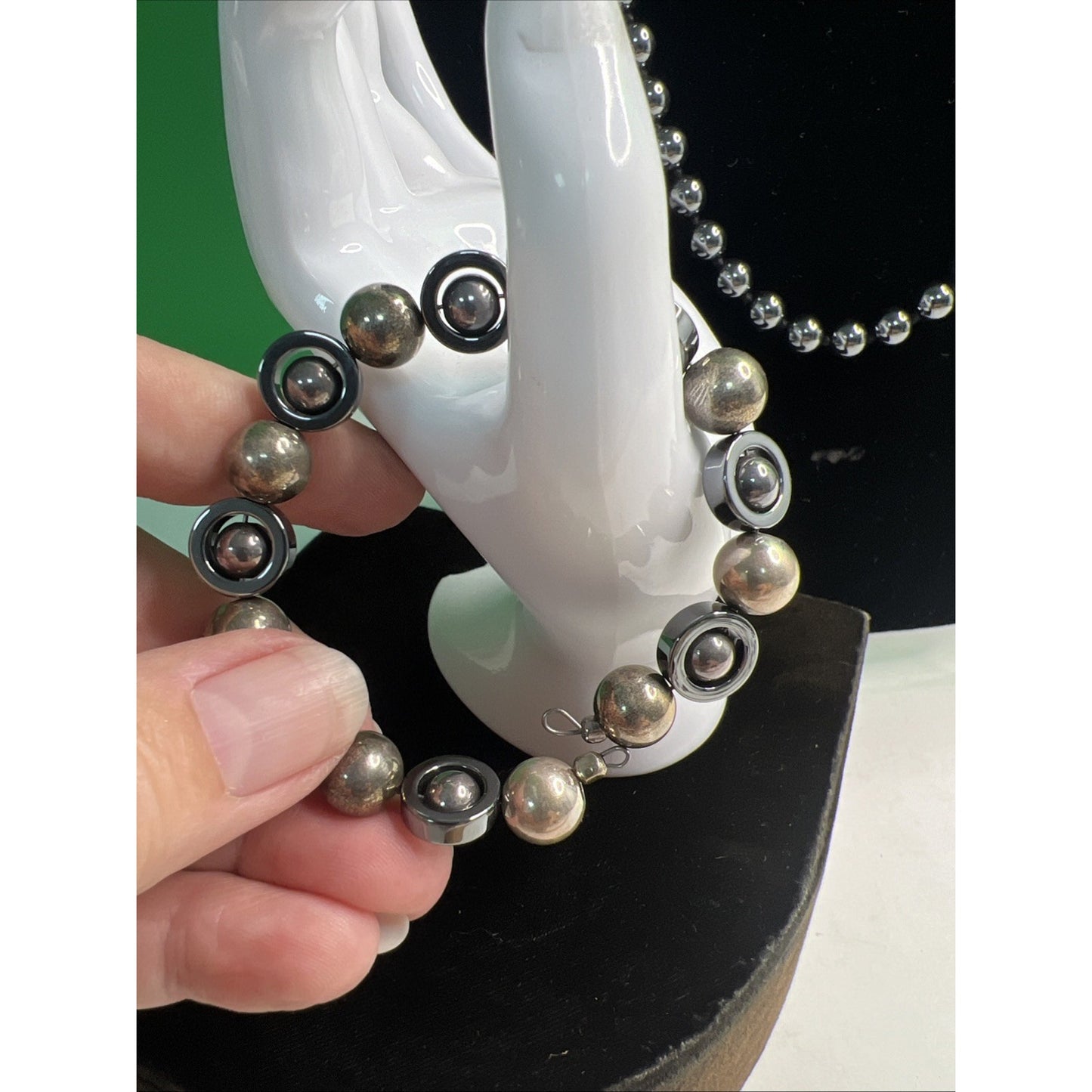 Pair Hematite Beaded Necklace 32” And Wired Bracelet 7” Set